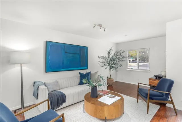 a living room with furniture and a potted plant