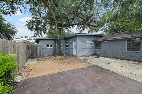 a backyard of a house with plants and trees