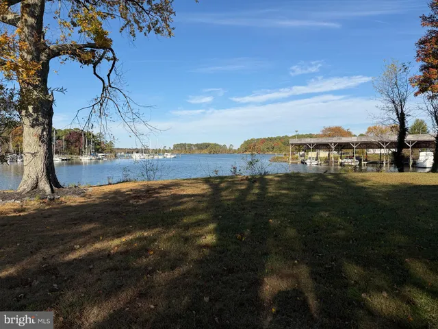 a view of a lake with houses in the back