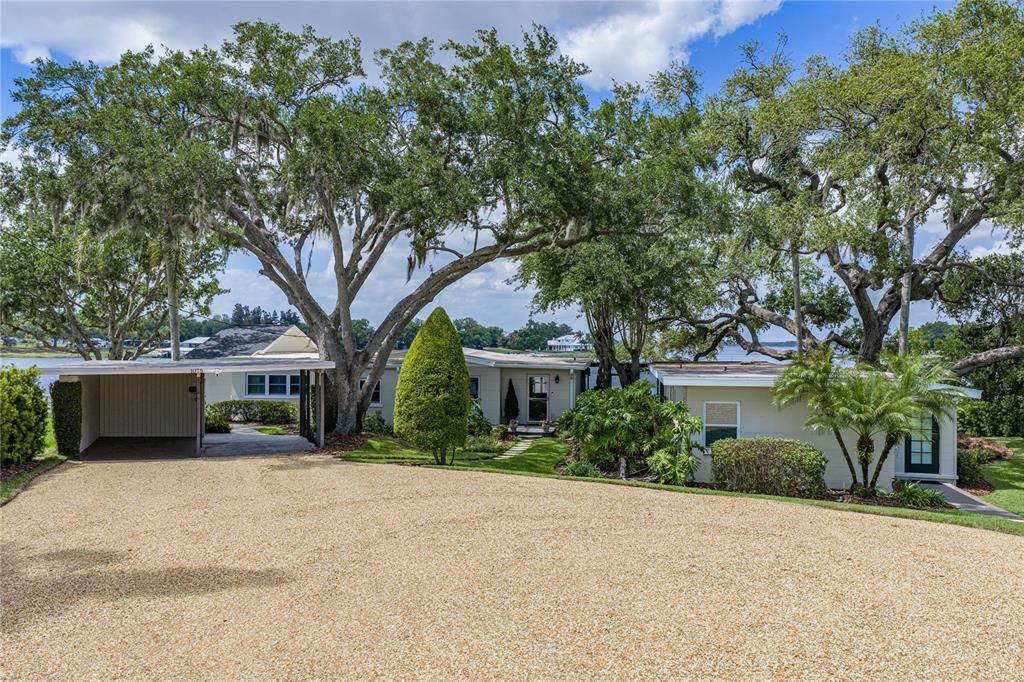 front view of a house with a tree and a yard
