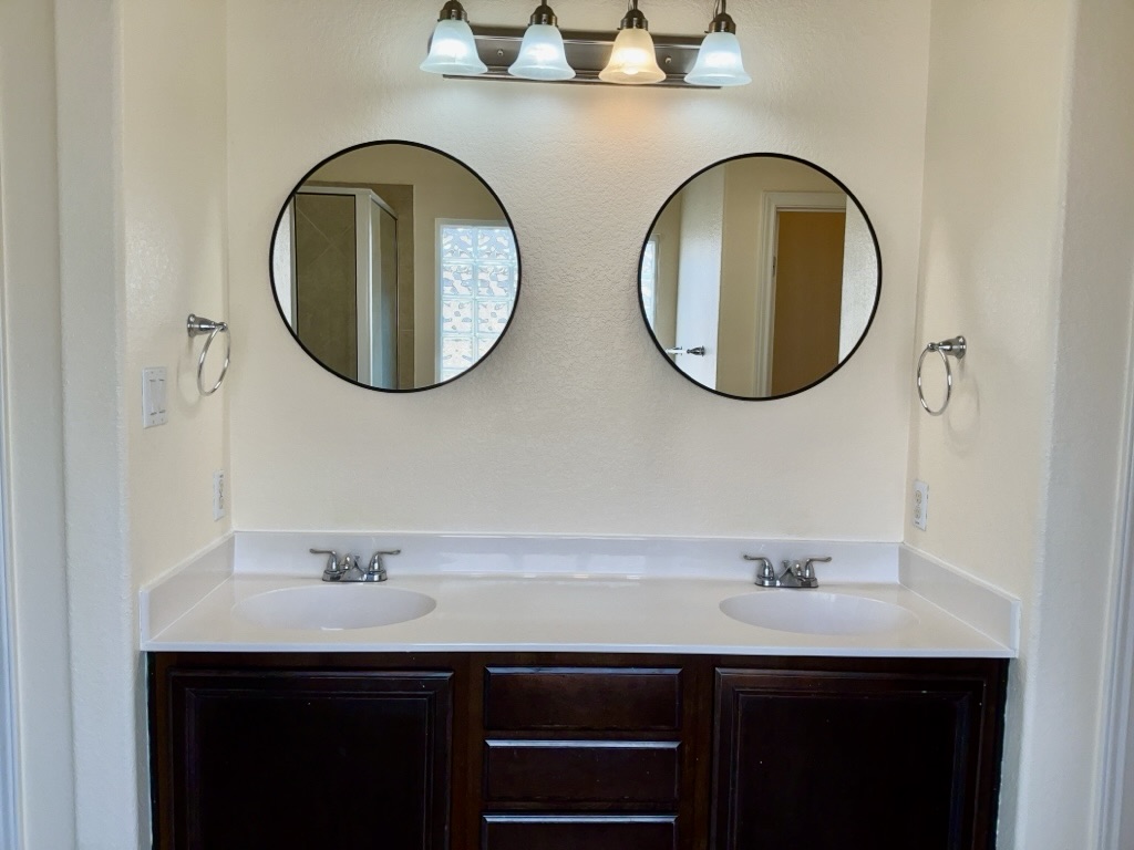 2946 Todd Trail Round Rock, TX 78665 - Photo 16 of 31 Bathroom with double vanity and a shower with shower door