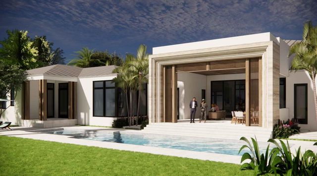 a view of a house with potted plants and a table and chairs