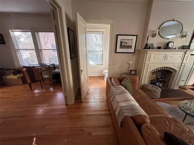 a living room with furniture or couch and a fireplace