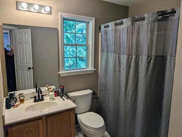 a bathroom with a sink a toilet a mirror and shower curtain
