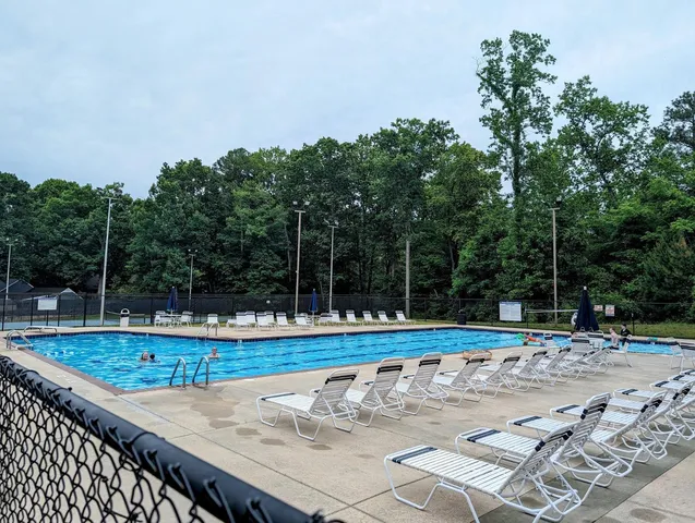 a view of a swimming pool with a yard