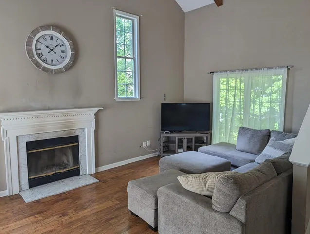 a living room with furniture a fireplace and a flat screen tv