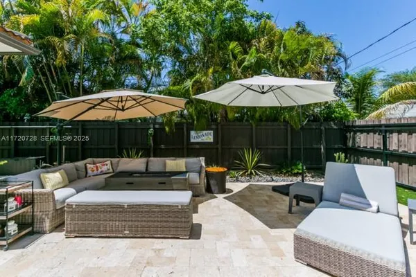 a view of a patio with a dining table and chairs under an umbrella