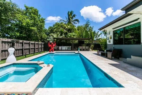 a view of a backyard with swimming pool