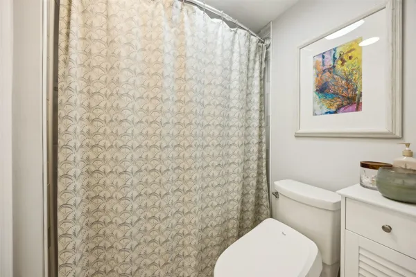 a white toilet sitting next to a shower curtain