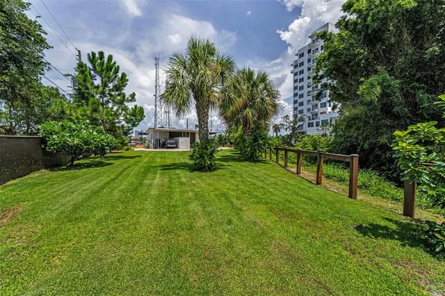a view of a garden with a bench