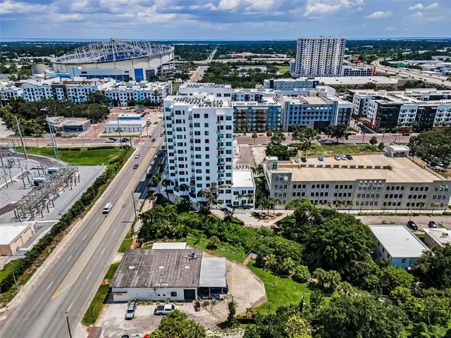 a city view with tall buildings