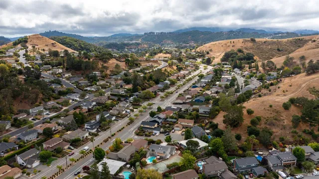 an aerial view of residential houses with outdoor space and trees