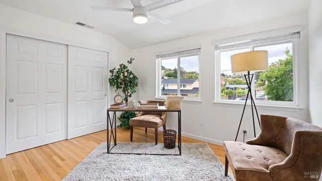 a living room with furniture and a potted plant