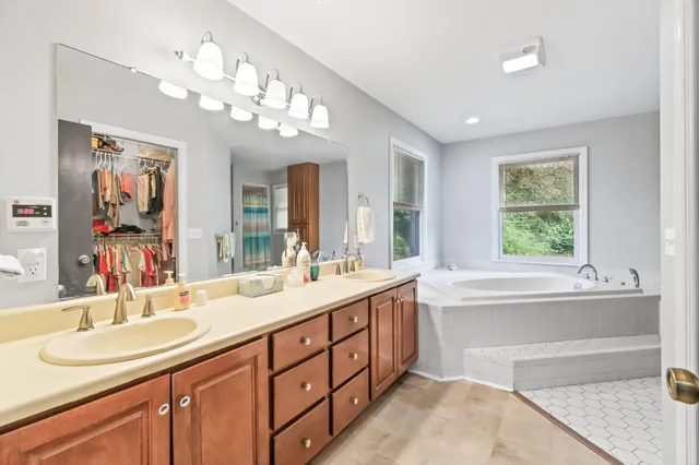a bathroom with a tub a sink double vanity and a mirror
