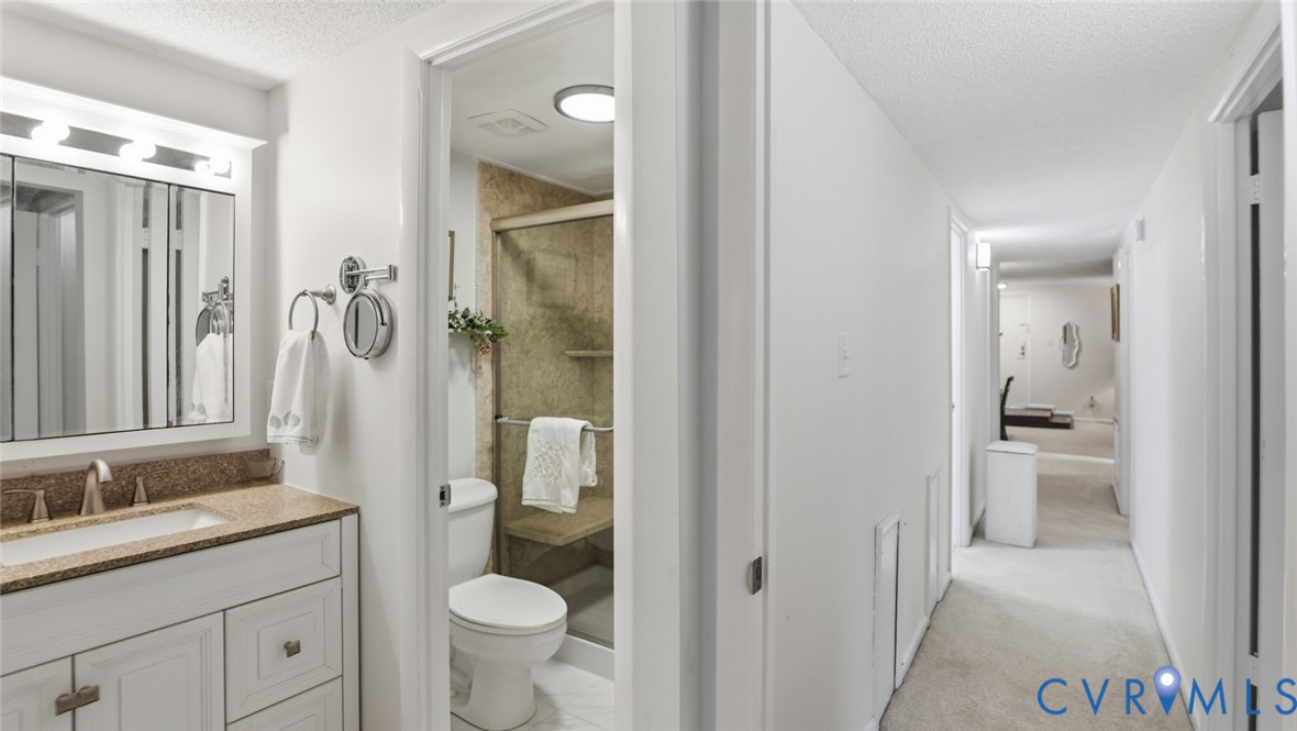 1513 Regency Woods Road, Unit 101 Henrico, VA 23238 - Photo 25 of 50 a bathroom with a granite countertop toilet a sink and a mirror