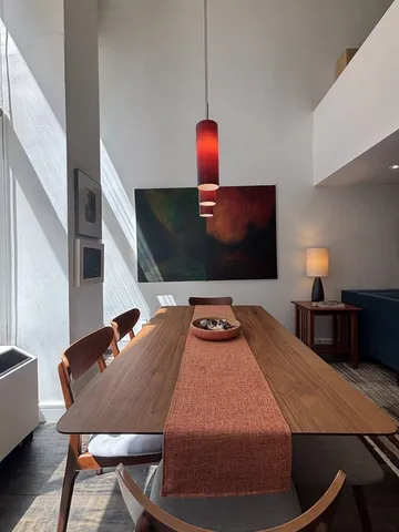 a dinning table and chairs in a room