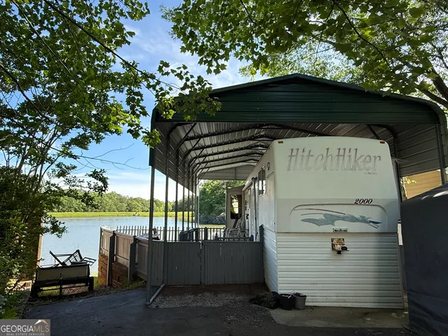 an outdoor space with seating area