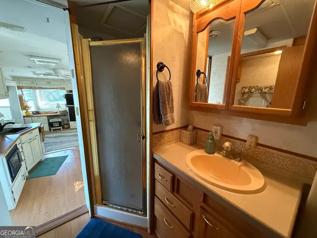 a bathroom with a sink a mirror and a shower