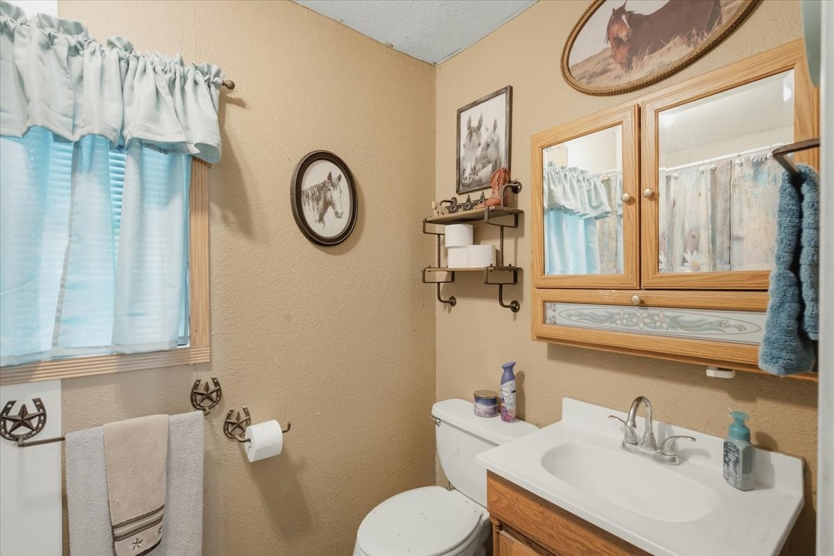765 Norcross Road Wallis, TX 77485 - Photo 25 of 42 This cozy bathroom features a rustic theme with a wooden medicine cabinet with mirrored doors, and light blue curtains. The space includes a white vanity, a toilet, and practical shelving for essentials.