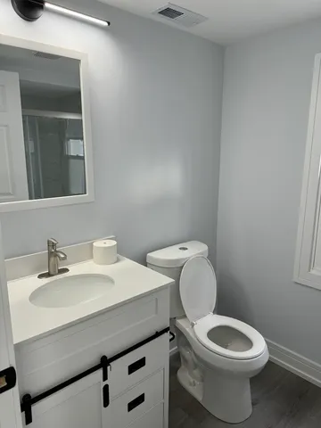 a bathroom with a toilet a sink and mirror