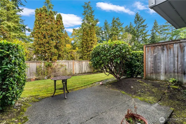 a view of a bench in a backyard