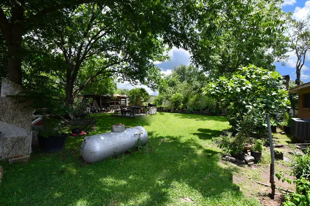 a view of a garden with a slide