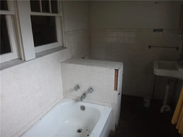 a bathroom with a bathtub