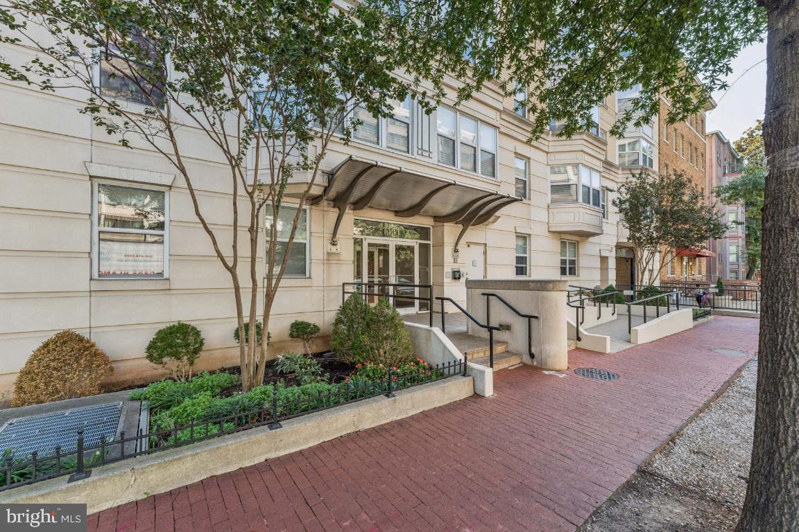 1111 11th Street Northwest, Unit 408 Washington, DC 20001 - Photo 2 of 18 a view of a white house next to a yard with potted plants and large trees