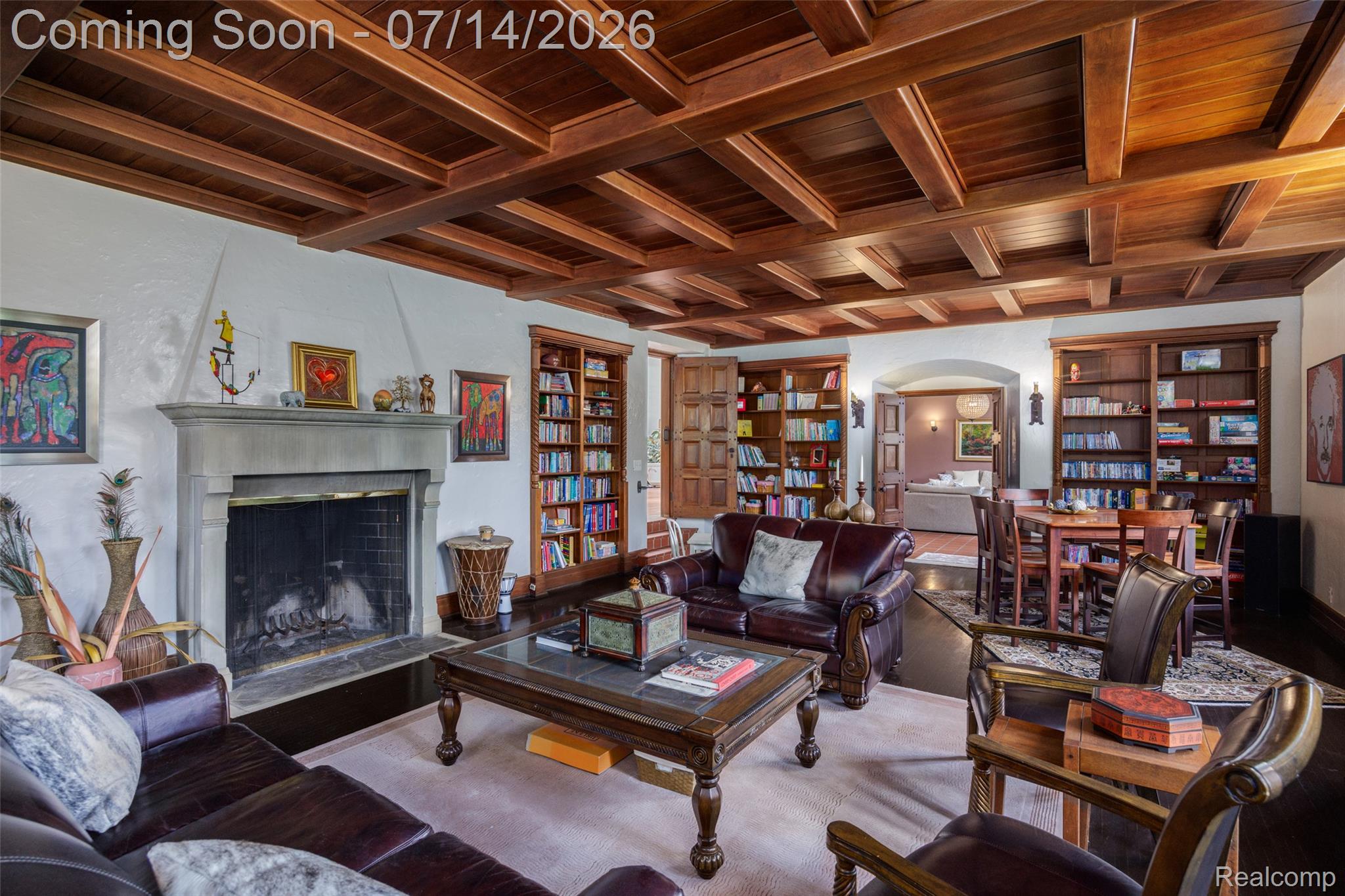 189 Cloverly Road Grosse Pointe, MI 48236 - Photo 18 of 96 Coffered wood ceiling highlighting a stone-faced fireplace