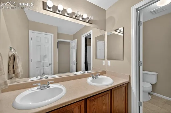 a bathroom with a sink double vanity and a toilet