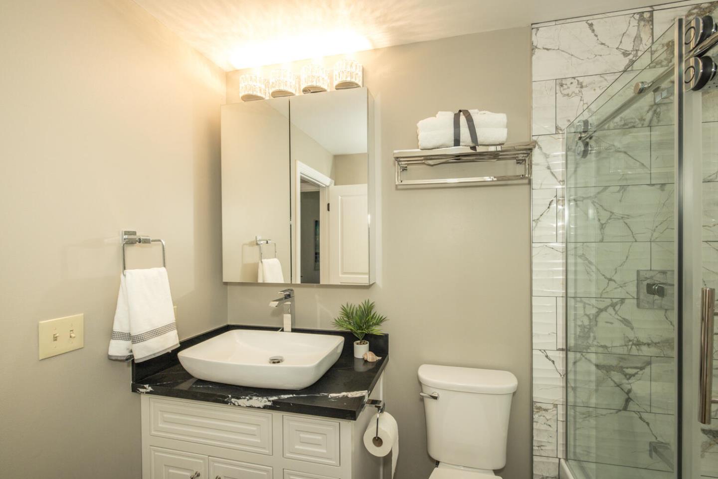 4027 Rector Common Fremont, CA 94538 - Photo 23 of 40 a bathroom with a granite countertop sink a toilet and a mirror