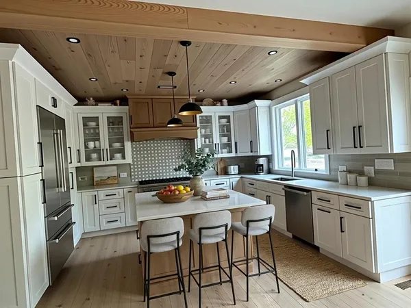 a kitchen with stainless steel appliances kitchen island granite countertop a table chairs sink and cabinets