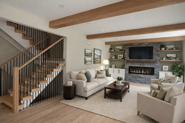 a living room with fireplace furniture and a flat screen tv