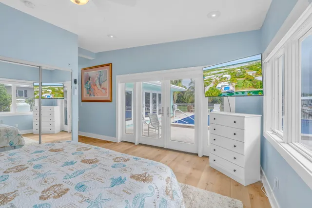 a bedroom with a bed and large window with outer view