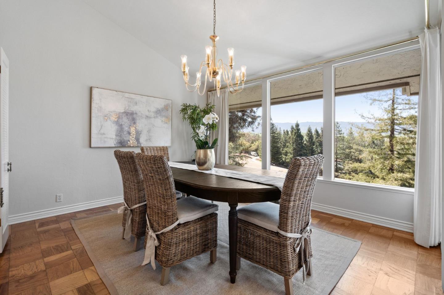 300 Sand Hill Circle, Unit 303 Menlo Park, CA 94025 - Photo 6 of 33 a dining room with furniture a chandelier and window