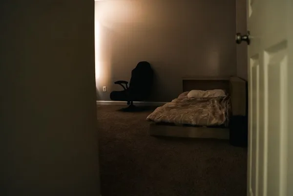 a bedroom with a bed and a potted plant next to a window