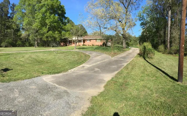 a view of a park with large trees
