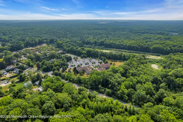 an aerial view of residential houses with outdoor space and trees