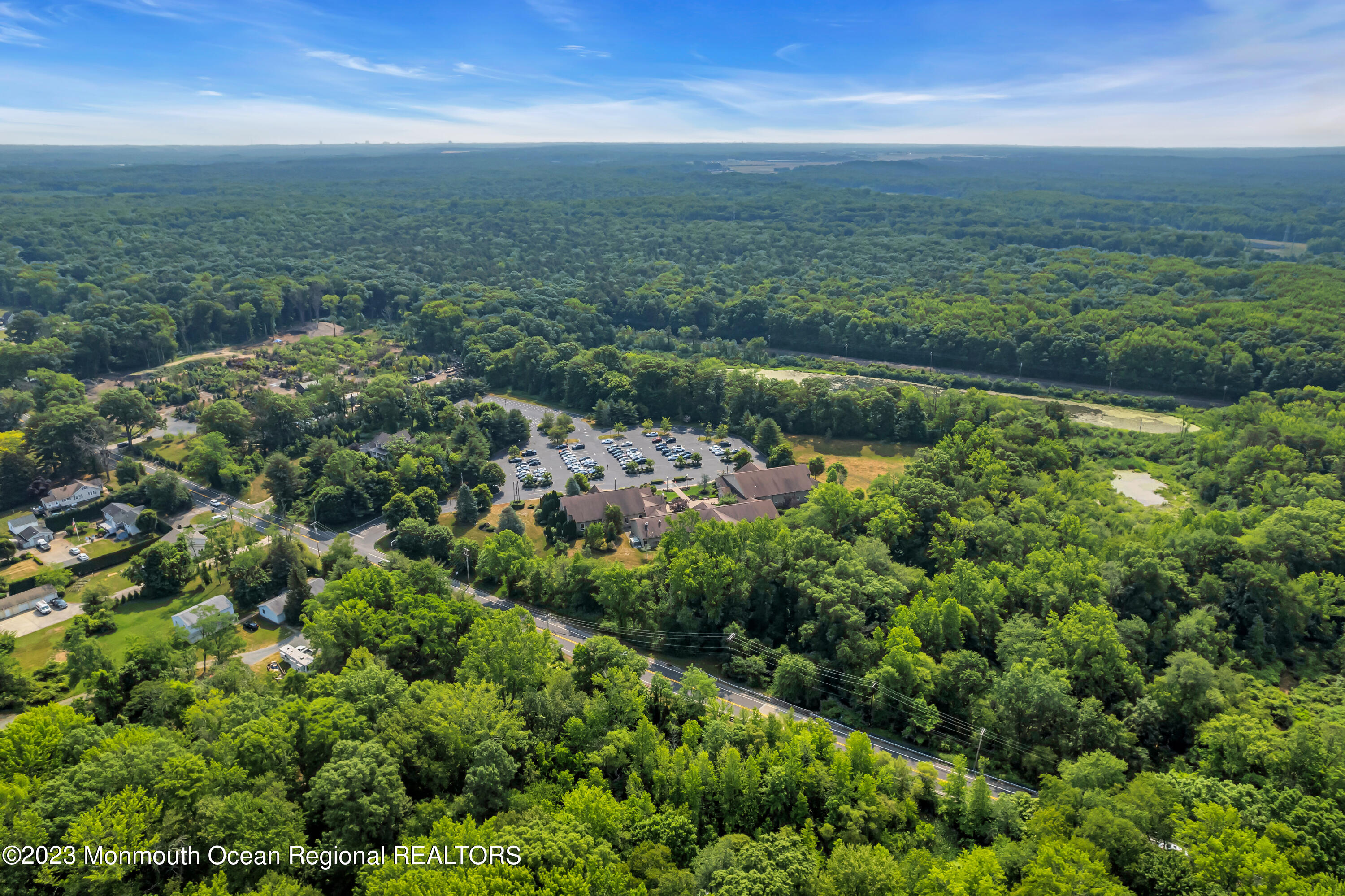 an aerial view of residential houses with outdoor space and trees