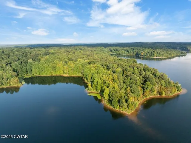 a view of a lake with houses in the back