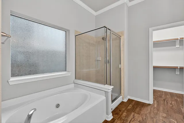 a bathroom with a bathtub and a shower