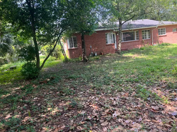 a view of a yard in front of a house with plants and large trees