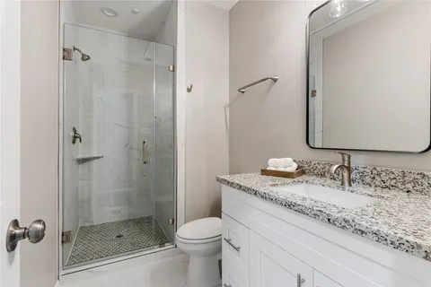 a bathroom with a granite countertop sink a toilet and shower