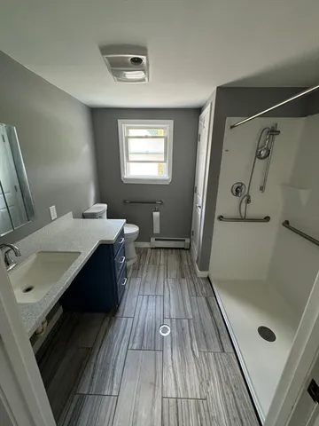 a bathroom with a sink a toilet a mirror and shower