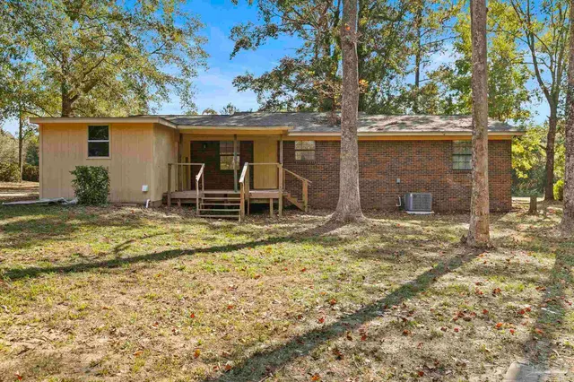 a view of a yard with large trees