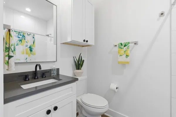 a bathroom with a sink a toilet and vanity