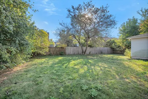 a view of a backyard with large tree and wooden fence