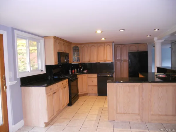 a kitchen with granite countertop a sink a counter top space cabinets and stainless steel appliances