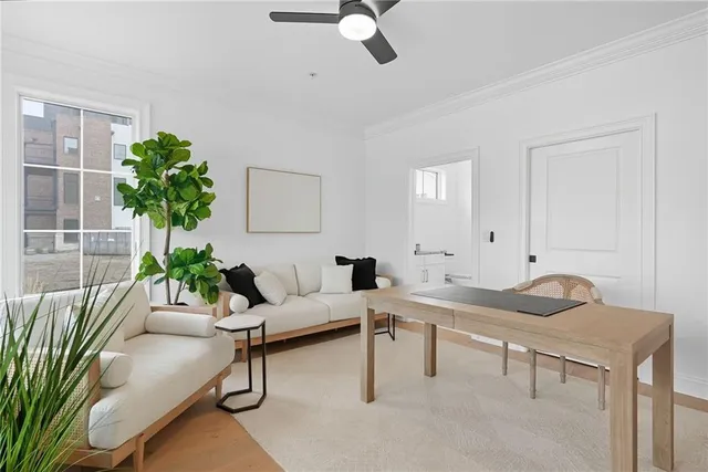 a living room with furniture and a potted plant