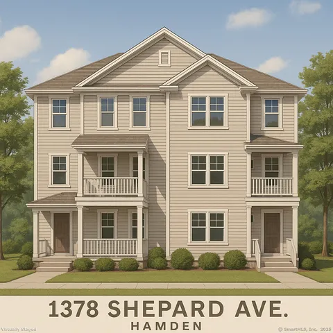 a front view of a building with a yard